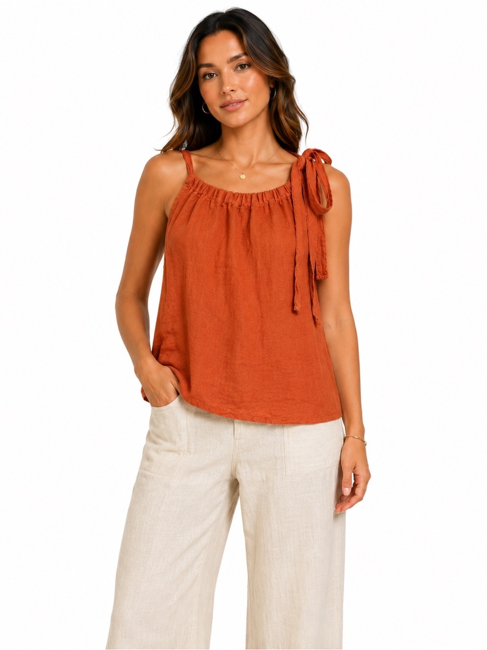 Bailarina Made in Italy 100% Linen Rust Orange Sleeveless Blouse Top Size Small